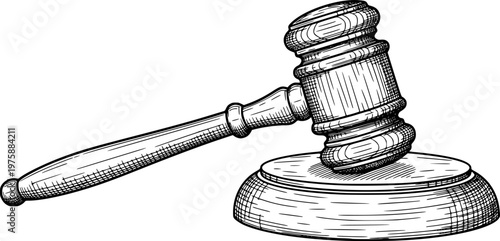 Wooden judge's gavel and sound block in black and white sketch, justice concept. Vector illustration

