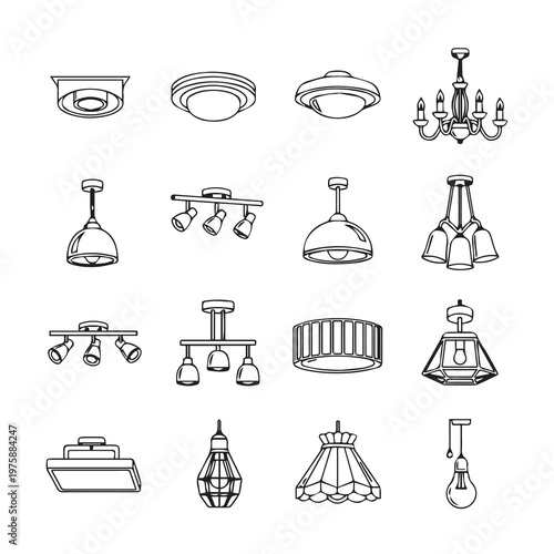 Collection of various ceiling light fixtures and lamps in a simple line art style