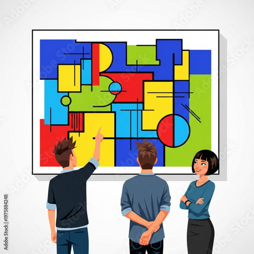 Group of young people admiring abstract art on gallery wall  