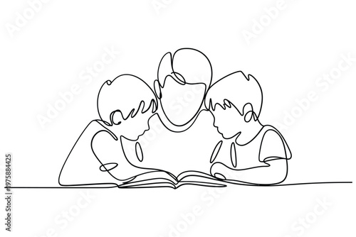 A continuous line drawing of a father reading with two young children
