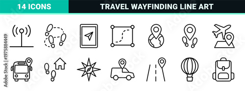 Travel navigation and location route line icon set for maps