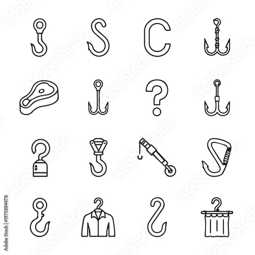 Collection of Various Hooks and Hanging Objects on White Background