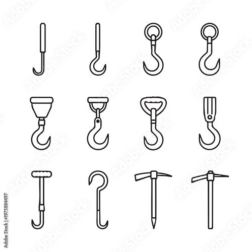 Collection of various lifting hooks and pickaxe heads in a clean line art style