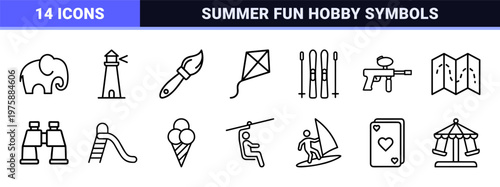 Recreation and leisure minimalist outline icon grid