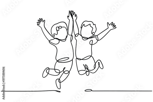 Three children joyfully jumping in a continuous line drawing style