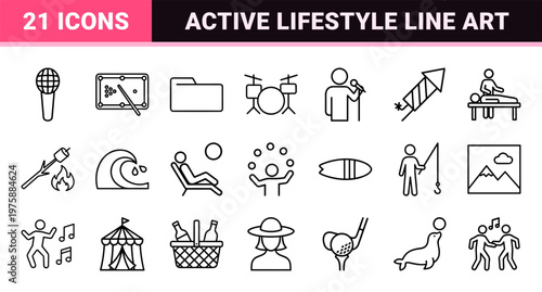 Leisure and recreation minimalist line icons for lifestyle and hobbies design.
