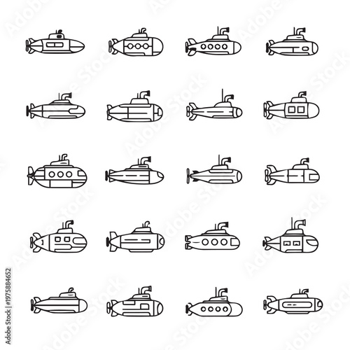 Collection of various submarine outlines with different designs and styles