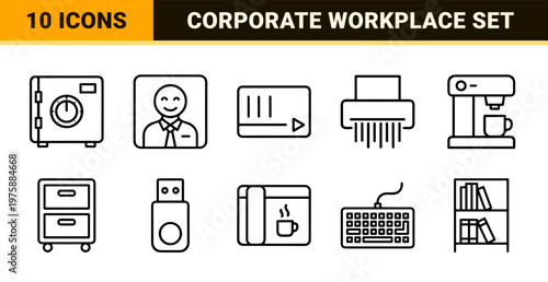 Minimalist office and workplace line icon set in grid layout