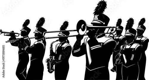 Marching band silhouettes with trumpet, trombone, flute, saxophone, clarinet, musicians in uniform, parade performance, musical ensemble illustration design artwork 
