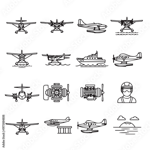 Collection of vintage seaplanes and boat icons with pilot and engine detail