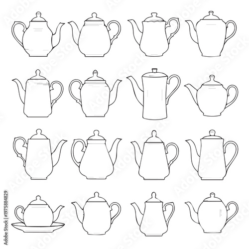 Collection of vintage teapot line art illustrations on a white background
