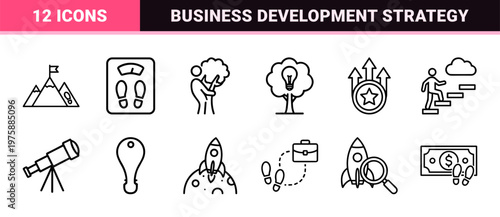 Startup and business development line icon set