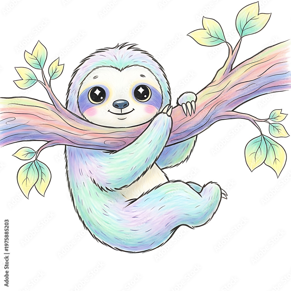 Fototapeta premium Cute cartoon sloth hanging on a tree branch with colorful leaves and a smile.