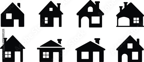 Eight black house icons with diverse architectural styles and window designs on white Keywords: house, home, building, icon