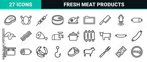 Minimalist meat and livestock outline icon set for butchery and food industry.