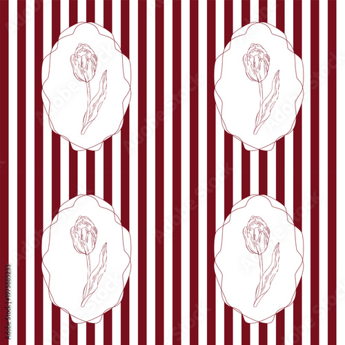 Elegant tulip buds and blooming flowers in a frame on a striped background, hand-drawn with simple lines that create a beautiful and delicate seamless floral background pattern.