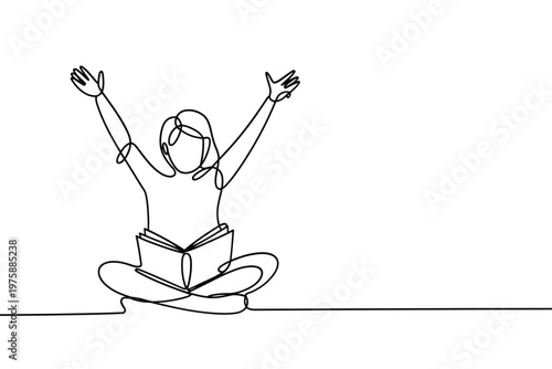 Bild auf Leinwand A young woman sits and reads with arms raised in joyful expression