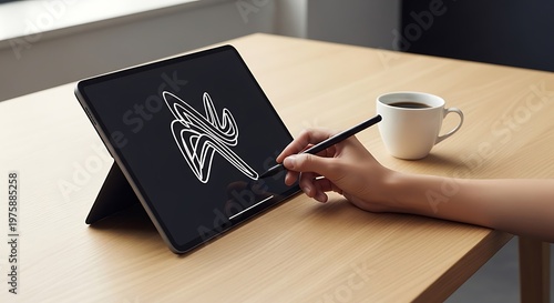 Digital art creation on tablet a person sketching with a stylus and enjoying coffee nearby