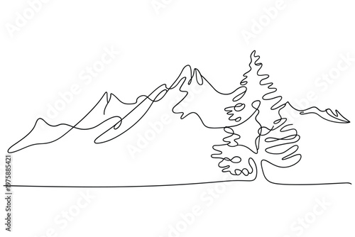 Minimalist one line drawing of mountains and evergreen trees landscape