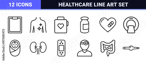 Healthcare and medical services line icons for hospital and pharmacy design