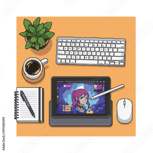 A pixel art top view desk workspace tablet keyboard mouse drawing setup.