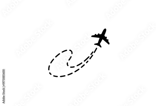 Airplane take off path icon with curved dashed route flat vector travel design isolated on white background