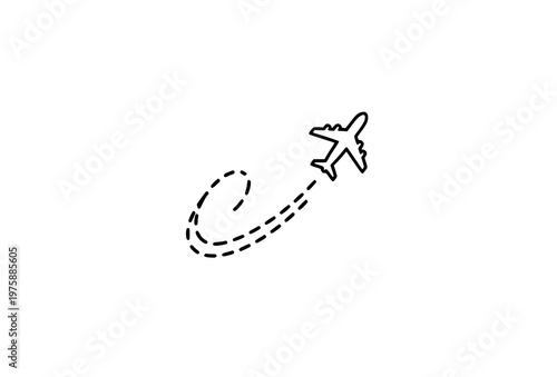 Airplane take off path icon with curved dashed route flat vector travel design isolated on white background