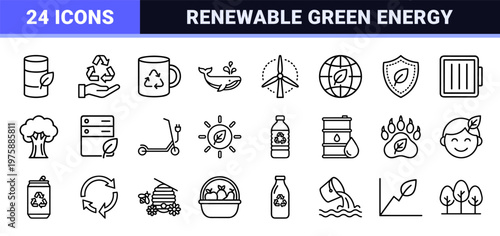 Minimalist ecology and renewable energy icon set for green technology and sustainability.