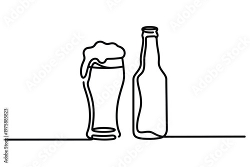 Minimalist line drawing of a beer bottle and frothy glass