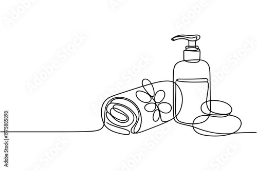 Minimalist line drawing of spa items towel stones and lotion pump