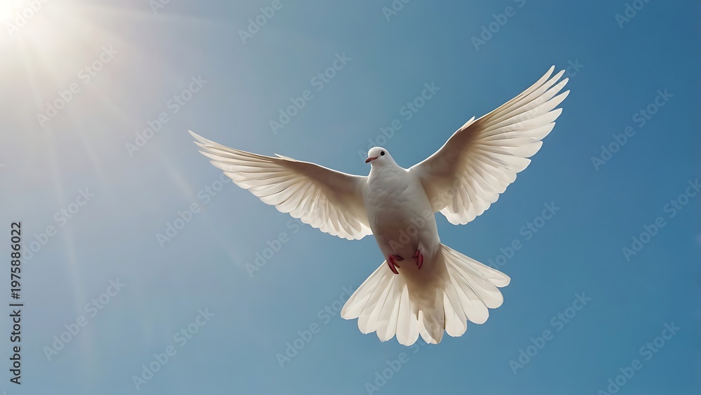 Obraz premium Dove in flight against bright sky illustrating peace symbolism and spiritual calm