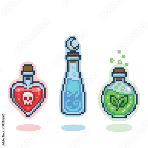 A pixel art potions health mana stamina poison bottle flask glass for rpg games