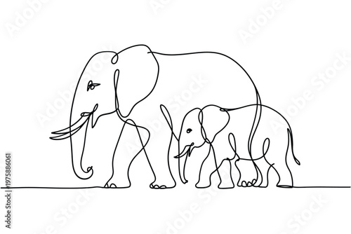Elegant one line drawing depicts a mother elephant and her calf walking together