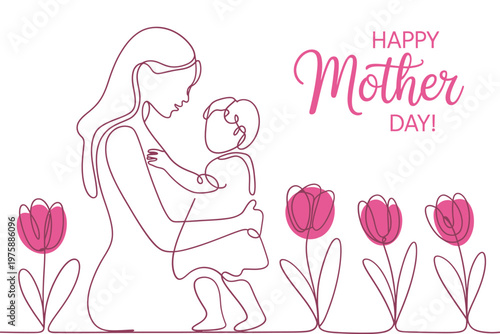 Line art illustration of a mother and baby with tulips for mother s day