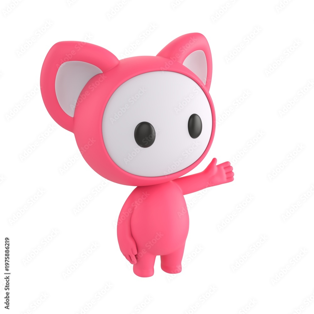 Fototapeta premium Cute 3D render Pink Monster character gesturing to the side, friendly and cheerful mascot style, presenting or introducing something, isolated on white background.