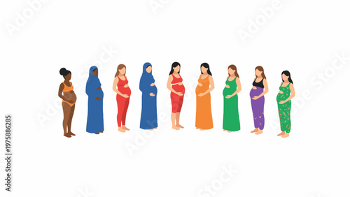 Diverse group of pregnant women standing together in a row