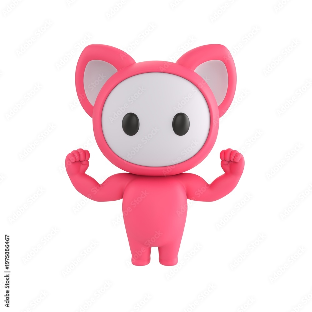 Obraz premium Cute 3D render Pink Monster character flexing muscles to show strength, confident and powerful mascot style, isolated on white background.