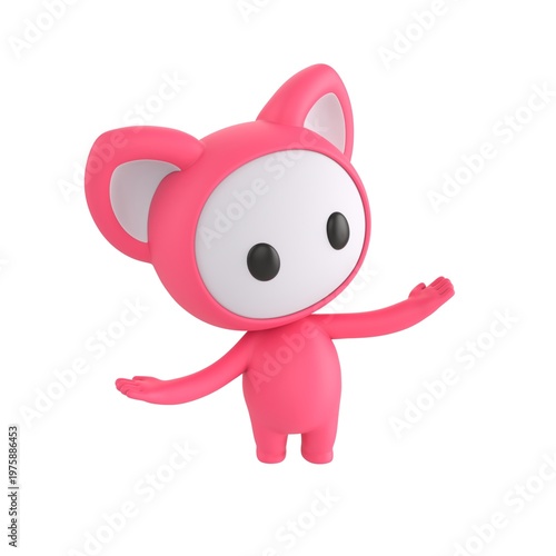 Cute 3D render Pink Monster character thinking and comparing options with both hands open, thoughtful and curious mascot style, isolated on white background.