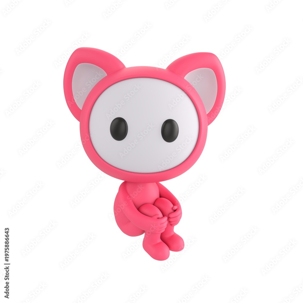 Fototapeta premium Cute 3D render Pink Monster character sitting and hugging its knees, looking up at the camera with a gentle and thoughtful expression, isolated on white background.
