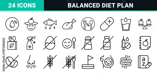Minimalist nutrition and healthy lifestyle line icon set
