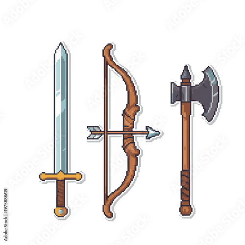 A pixel art weapons sword bow axe arrow blade medieval fantasy rpg game items