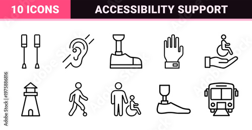 Accessibility and disability support icons in minimalist outline style