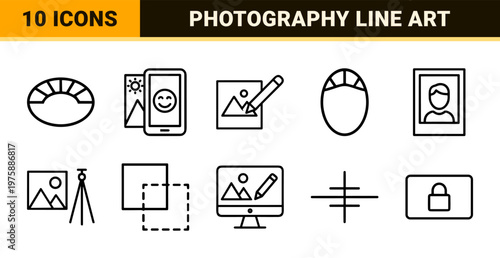 Photography line icons for camera and photo editing