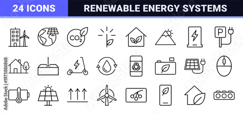 Sustainable green city and renewable energy line icons