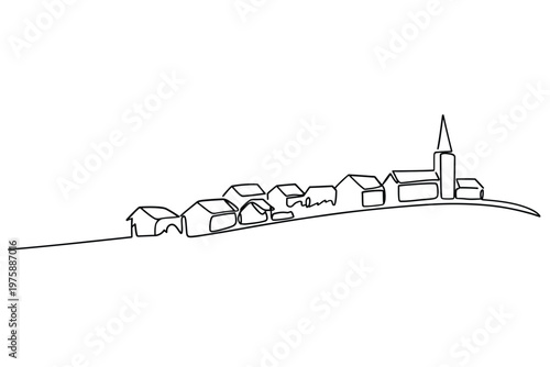 Minimalist one line drawing of a cityscape with buildings and a steeple
