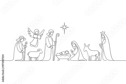 Simple line drawing depicting the nativity scene with baby jesus
