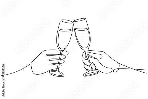A minimalist line drawing depicts two hands toasting with champagne glasses