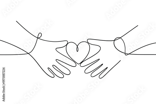 Two hands forming a heart shape with a continuous line drawing