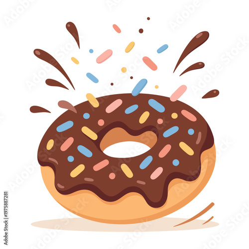 Chocolate glazed donut with colorful sprinkles. Sweet dessert concept, delicious pastry for breakfast or snack. Vector flat illustration isolated on white.