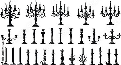 Set of vintage candelabra and classic candlestick silhouettes with